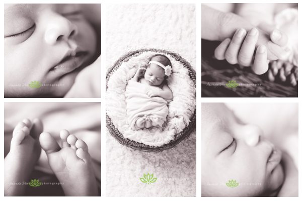 Newborn baby girl close ups hands fingers feet toes lips nose basket