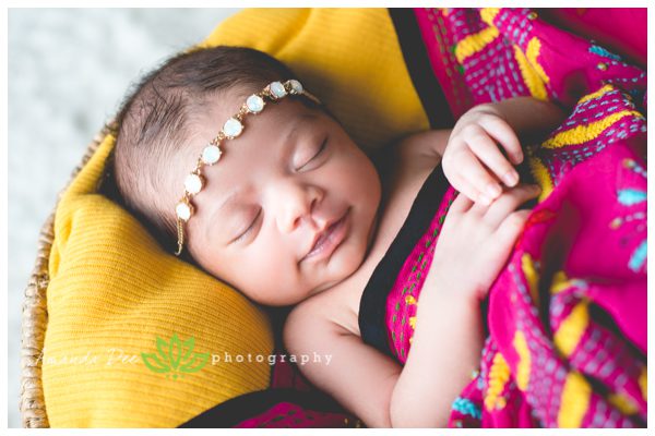 Newborn baby girl Indian scarf jeweled head band smiling newborn baby