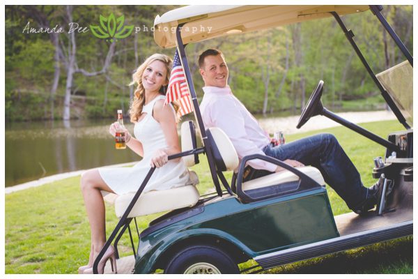 Romantic Engagement Photo Spring golf cart beer american flag