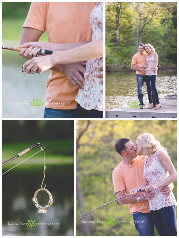 Romantic Engagement Photo Spring fishing pond fishing poll kissing ring on hook Candids