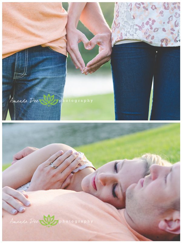 Romantic Engagement Photo Spring hands in heart laying in grass Candids