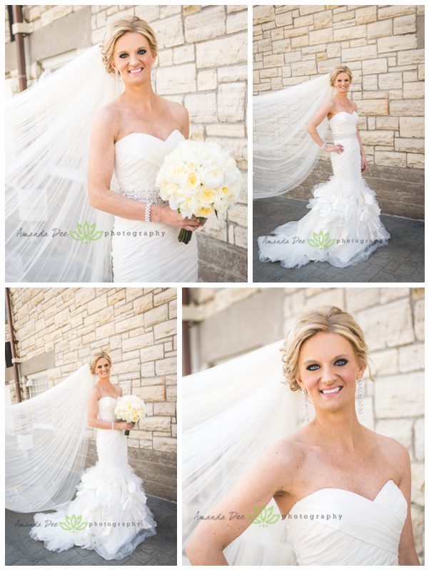 wedding photos of bride with long veil and bouquet