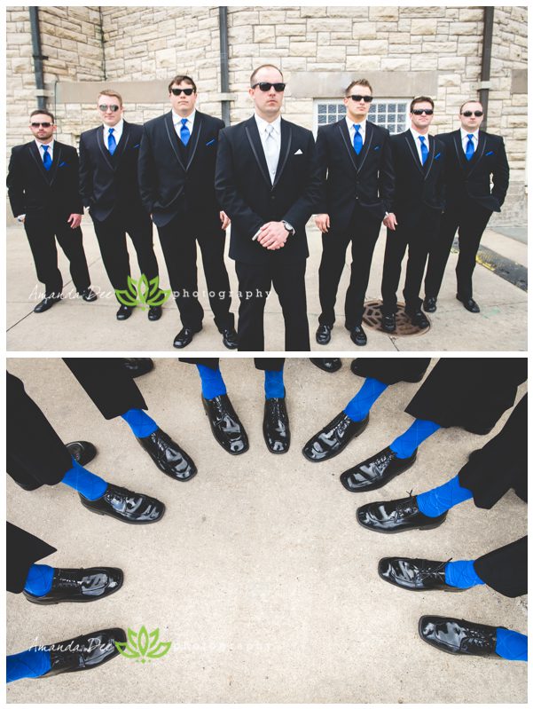 wedding photo of just groomsmen and blue socks feet shot