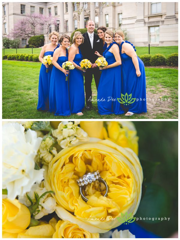 groom with bridesmaids rings in flowers