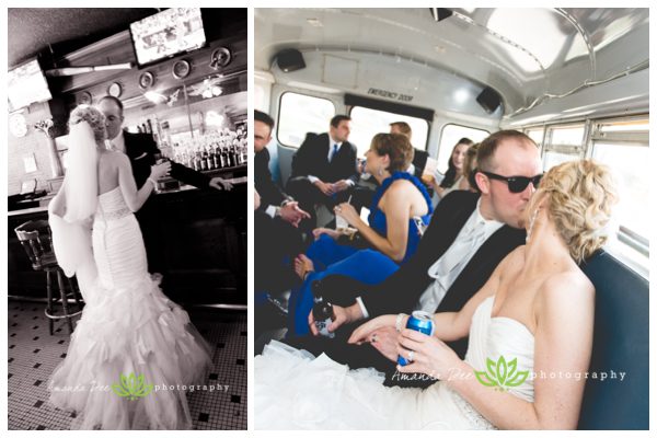 bride and groom kissing at bar and in the party bus