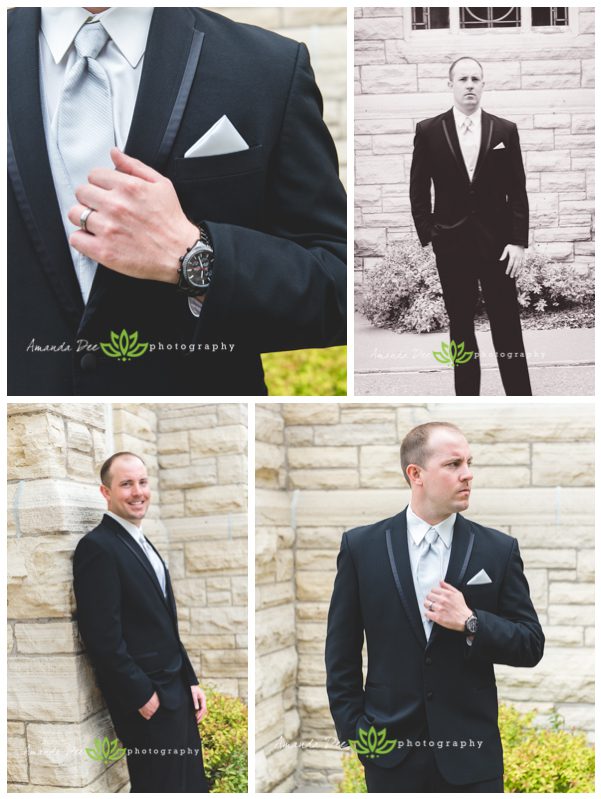 Wedding photos of groom in tuxedo 