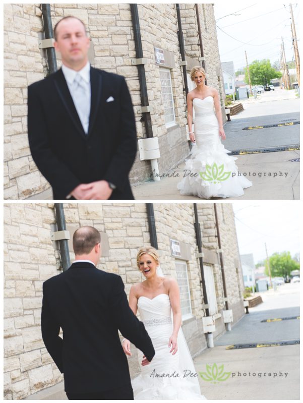 Wedding photo of bride and groom reveal seeing each other for the first time