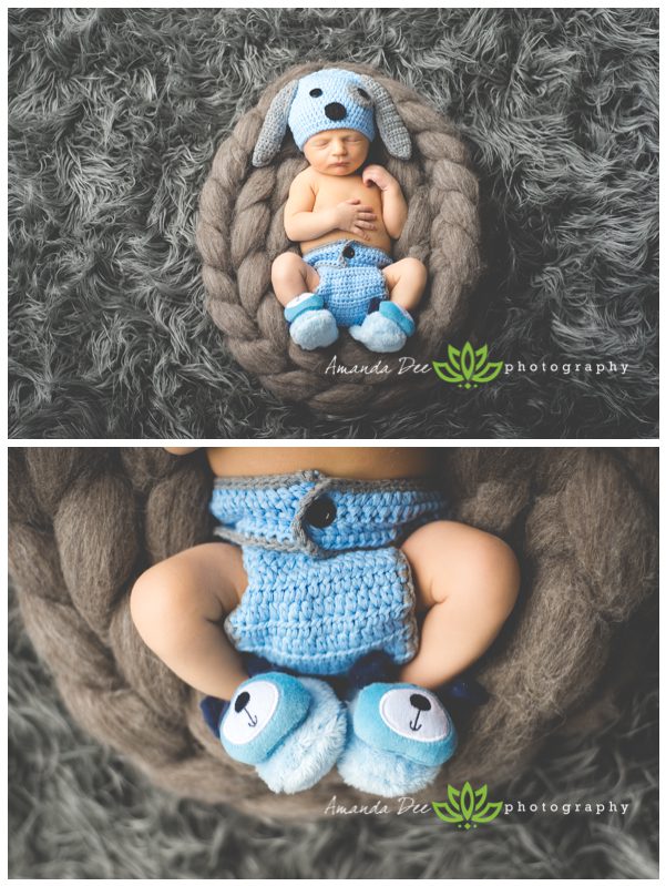 newborn baby boy crocheted dog outfit blue puppy booties blue and gray