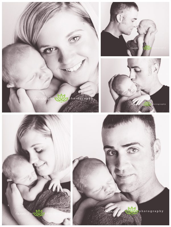 Newborn baby boy with parents with mom with dad black and white