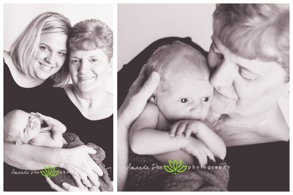 Newborn baby boy with grandmother with mom and grandmother black and white