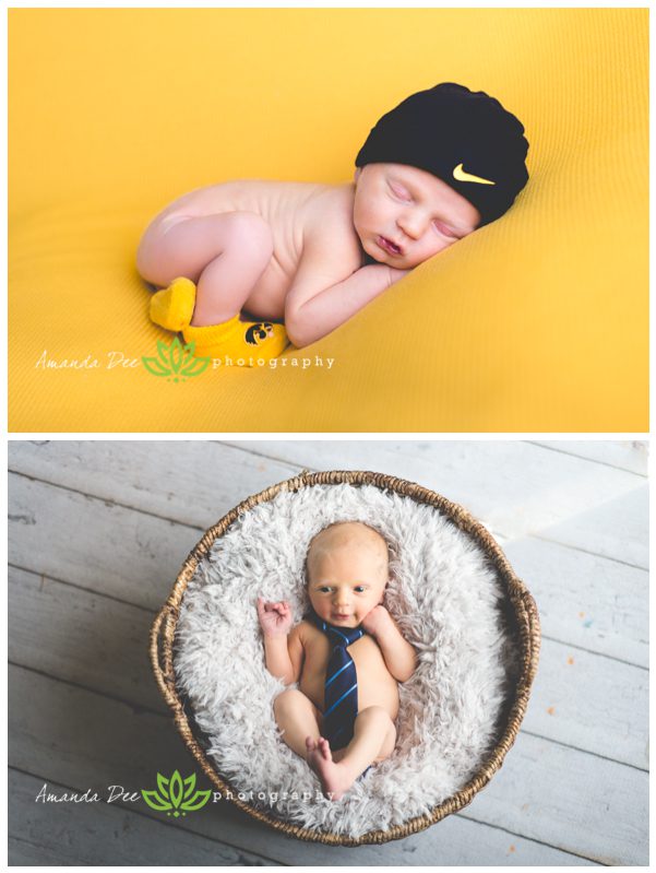 newborn baby boy iowa hawkeyes black and gold booties and cap newborn in round basket