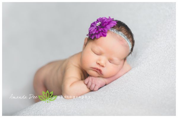 Newborn Baby Girl naked bean bag purple and gray