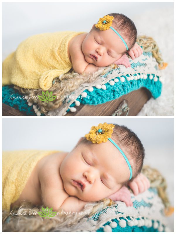 Newborn Baby Girl in wooden drawer yellow and teal
