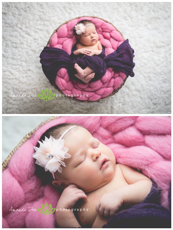 Newborn Baby Girl in basket pink and purple wrap plush pretzel