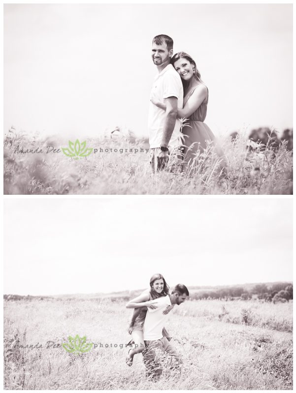 outdoor engagement photo tall grass piggy back ride black and white