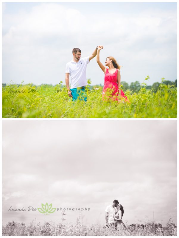 Outdoor engagement photos tall green gassy field twirling kissing black and white