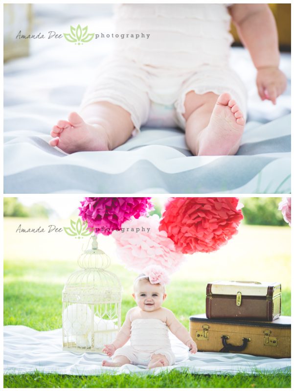 8 Month old 9 month old outdoor photo session pink pons old suitcases bird cage baby feet Amanda Dee Photography Child and Baby Photographer
