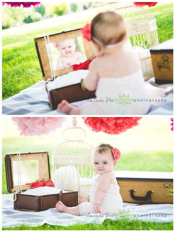 8 Month old 9 month old outdoor photo session ruffle romper suitcase w/ mirror pearls Amanda Dee Photography Child and Baby Photographer