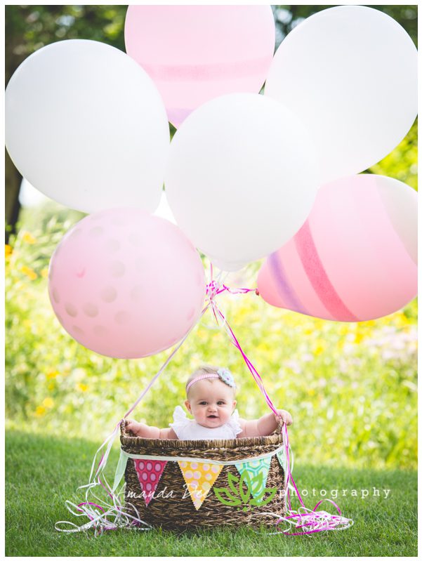 8 Month old 9 month old outdoor photo session balloons and basket banner Amanda Dee Photography Child and Baby Photographer
