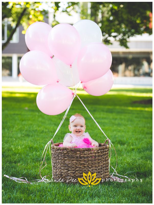 One Year Old Girl Photo Session Outdoor Park Amanda Dee Photography baby in basket with pink balloons hot air balloon