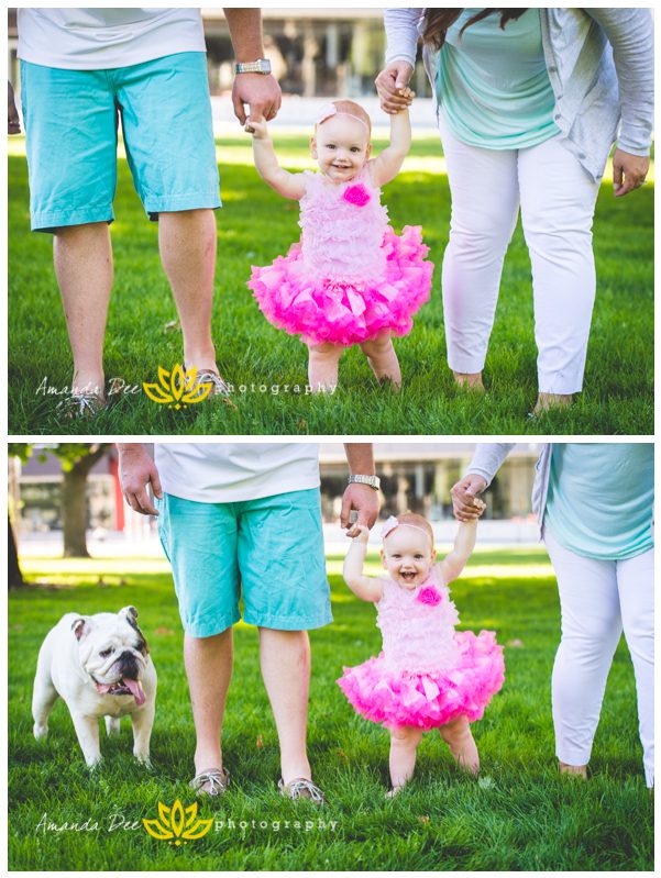 One Year Old Girl Photo Session Outdoor Park Amanda Dee Photography pink tutu with dog bulldog walking with family holding hands