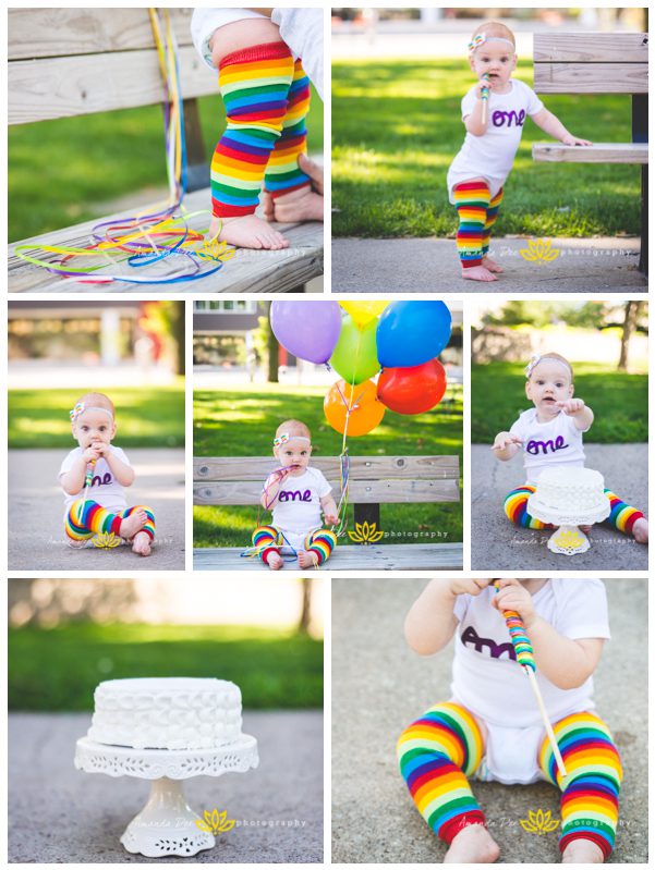One Year Old Girl Photo Session Outdoor Park Amanda Dee Photography cake smash rainbow leggings rainbow balloons sucker