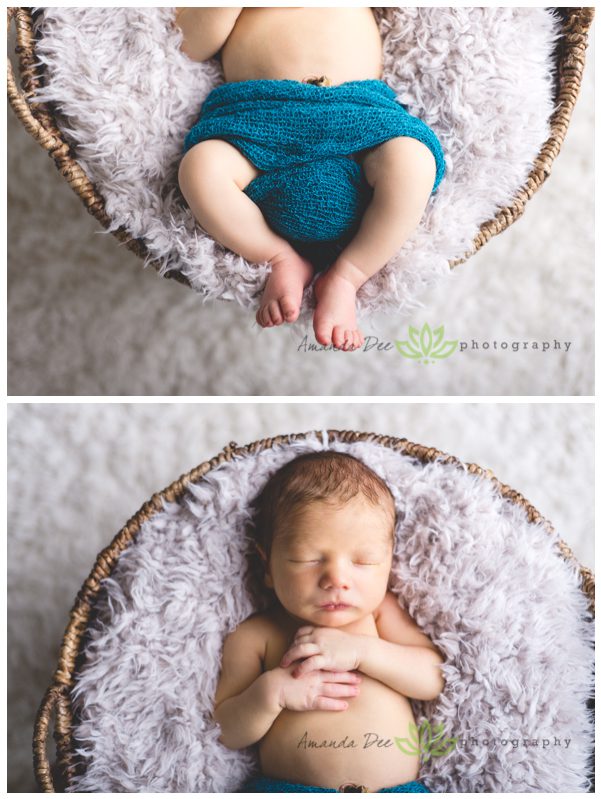 newborn baby boy blue wrap in basket feet toes
