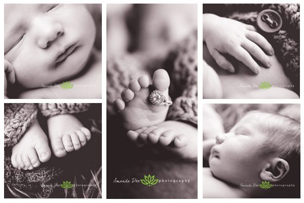 newborn baby boy close ups lips hands feet toes ear wedding ring on toe feet black and white