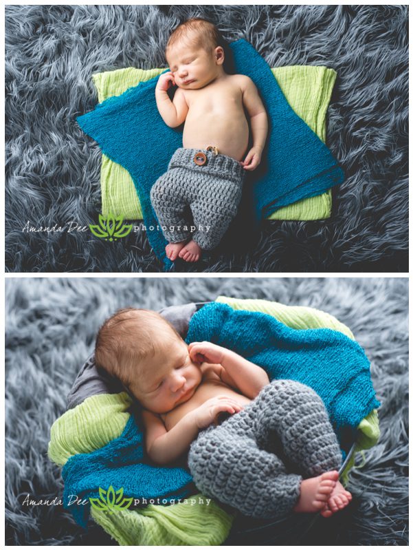 Newborn baby boy gray blue green fur blankets bucket sleeping