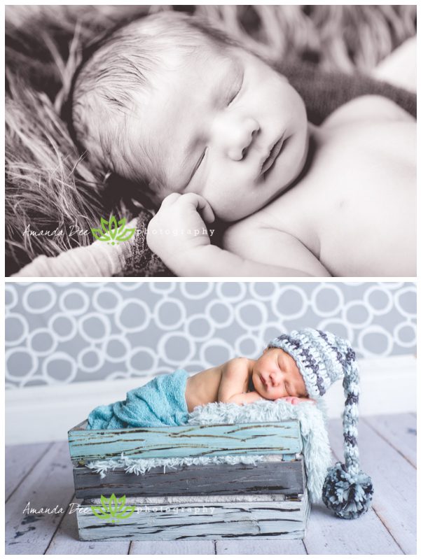 newborn baby boy in wooden crate pixie hat blue and gray black and white