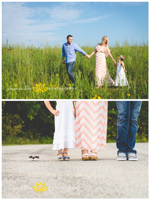 Outdoor Summer Maternity and Family Session Amanda Dee Photography walking through flower field feet shot with baby shoes