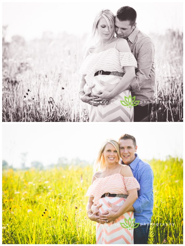 Outdoor Summer Maternity and Family Session Amanda Dee Photography couple holding belly black and white green field
