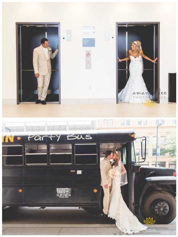 Summer Wedding Amanda Dee Photography bride and groom peeking around elevator kissing on party bus