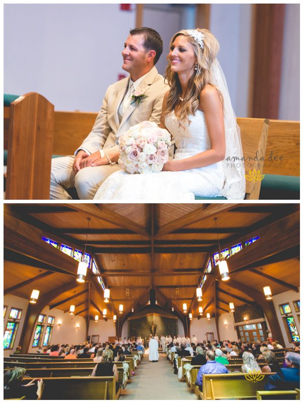 Summer Wedding Amanda Dee Photography bride and groom sitting during catholic ceremony wide shot of church and guests