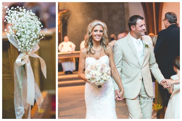 Summer Wedding Amanda Dee Photography bride and groom walking down the aisle after ceremony pew flowers