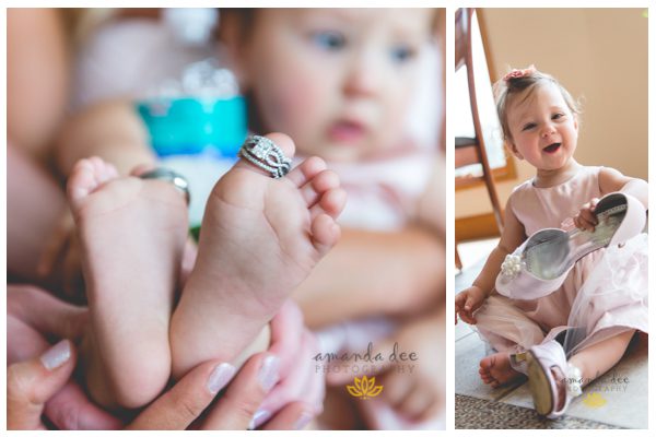 Summer Wedding Amanda Dee Photography daughter of bride and groom wearing moms shoes wedding rings on baby toes