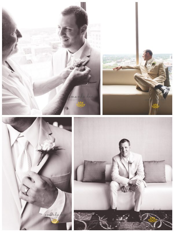 Summer Wedding Amanda Dee Photography getting ready groom pinning boutonniere details cuff links sitting on couch