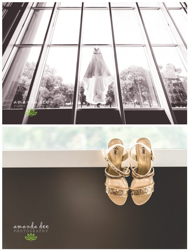 Sunset Downtown Library Rooftop Wedding Amanda Dee Photography dress hanging in window gold shoes