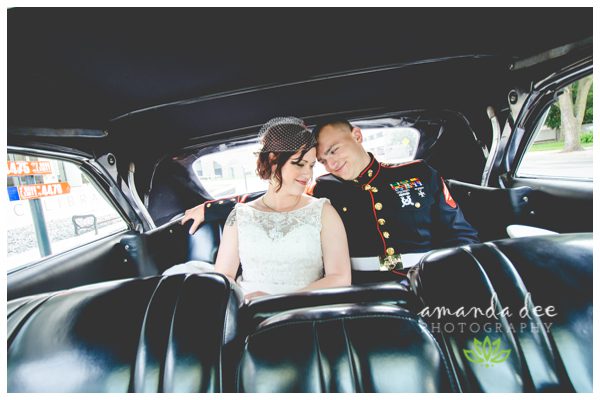 Sunset Downtown Library Rooftop Wedding Amanda Dee Photography Broom and Groom in backseat of classic car Black Cadillac