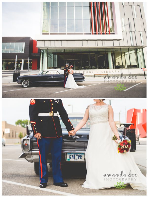 Sunset Downtown Library Rooftop Wedding Amanda Dee Photography Broom and Groom next to classic car black cadillac outside library