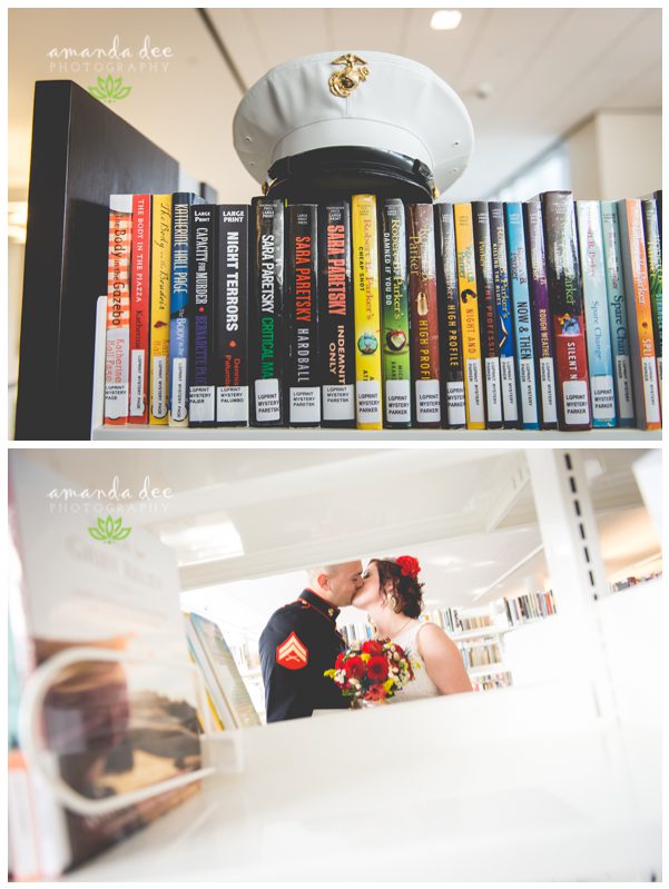 Sunset Downtown Library Rooftop Wedding Amanda Dee Photography Broom and Groom inside modern library kissing through bookshelves
