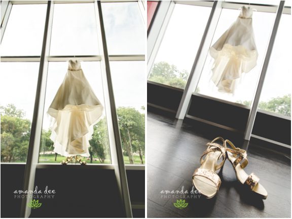 Sunset Downtown Library Rooftop Wedding Amanda Dee Photography dress hanging in window gold shoes