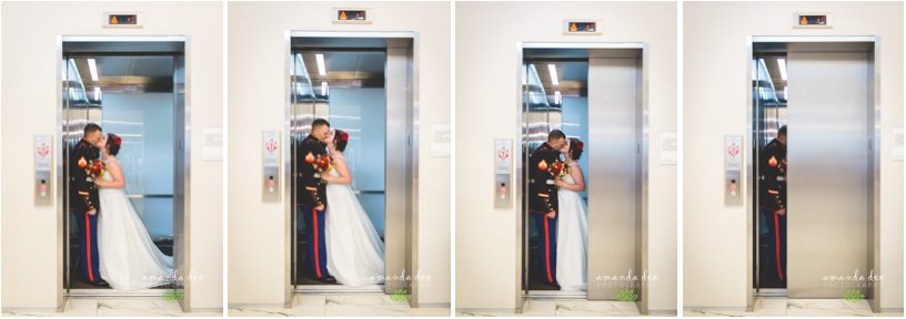 Sunset Downtown Library Rooftop Wedding Amanda Dee Photography bride and groom kissing in elevator as doors close
