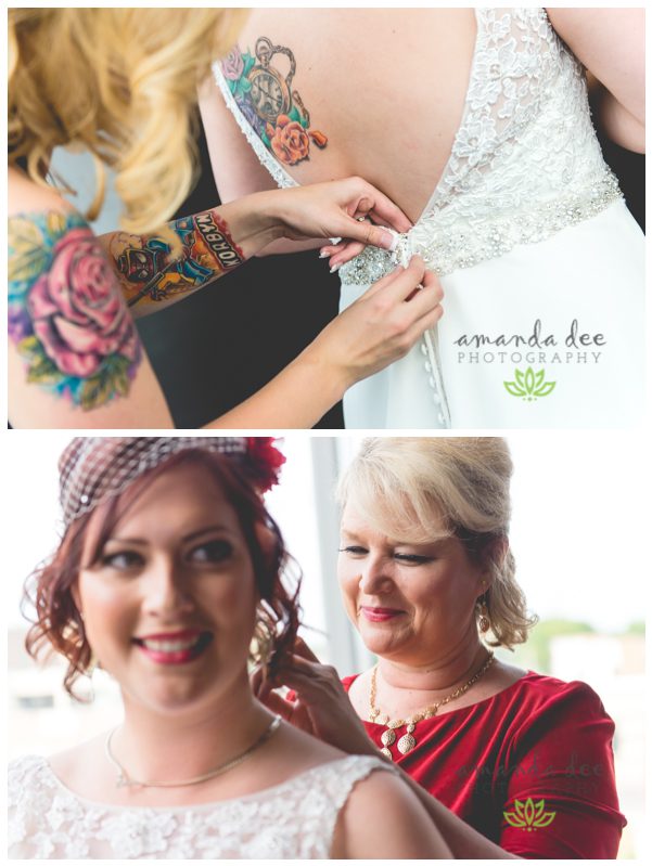 Sunset Downtown Library Rooftop Wedding Amanda Dee Photography Bride getting ready zipping dress and mom putting on necklace