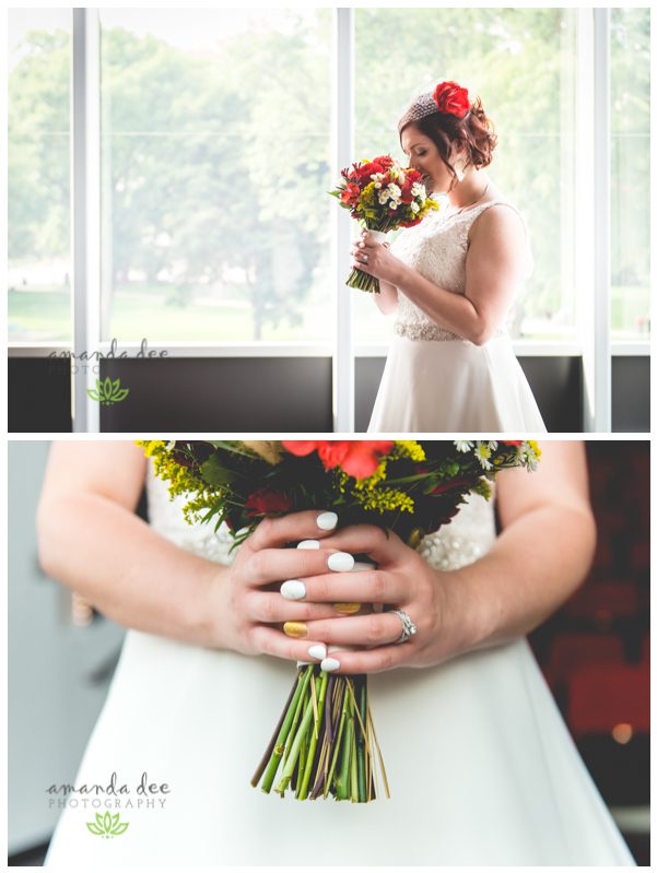 Sunset Downtown Library Rooftop Wedding Amanda Dee Photography Bride smelling flowers holding bouquet close up