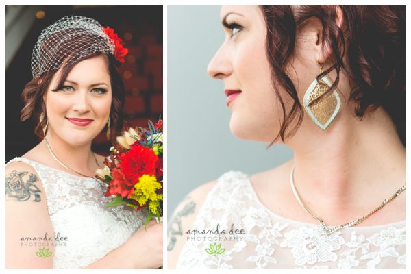 Sunset Downtown Library Rooftop Wedding Amanda Dee Photography Bride holding bouquet earring close up