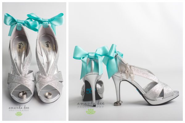 Summer Wedding Teal Accents - Amanda Dee Photography - Bride's shoes teal bows with rings
