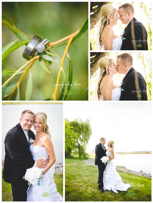 Summer Wedding Teal Accents - Amanda Dee Photography -Bride and Groom under willow tree, by lake, close up ring shot on willow branch