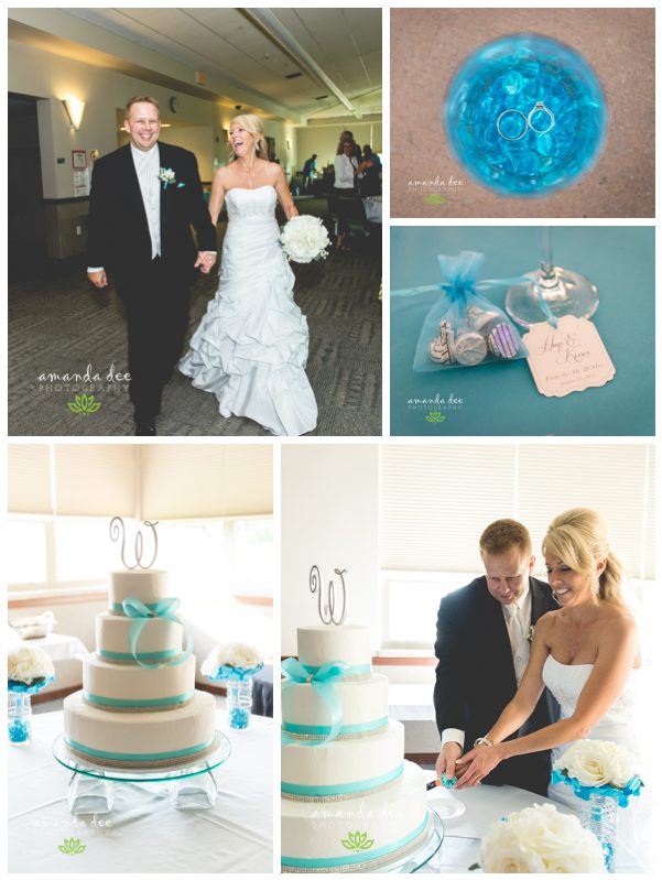 Summer Wedding Teal Accents - Amanda Dee Photography -Entering reception, cutting cake, reception details 