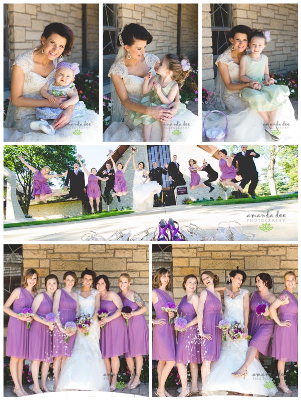 Summer Church Wedding Herder Wedding Amanda Dee Photography Cedar Rapids Wedding Photographer bride with flower girls wedding party jumping bridesmaids
